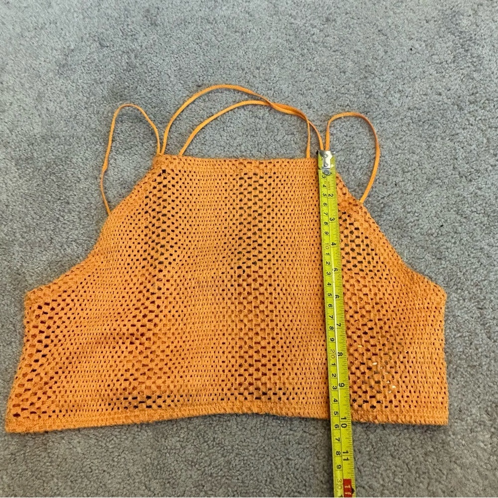 Zara orange perforated mesh knit stretchy halter top crop top strappy Sz M - Picture 5 of 11